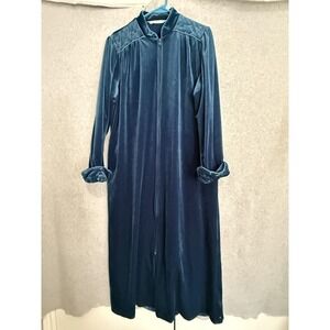 Jasmine Rose Robe Womens Small Blue Velour Zip Front Embroidered Cuffs Vtg